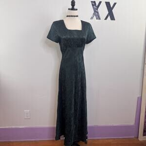 Vintage 90s Green Satin Jacquard Maxi Dress Square Neck Whimsigoth Evening S